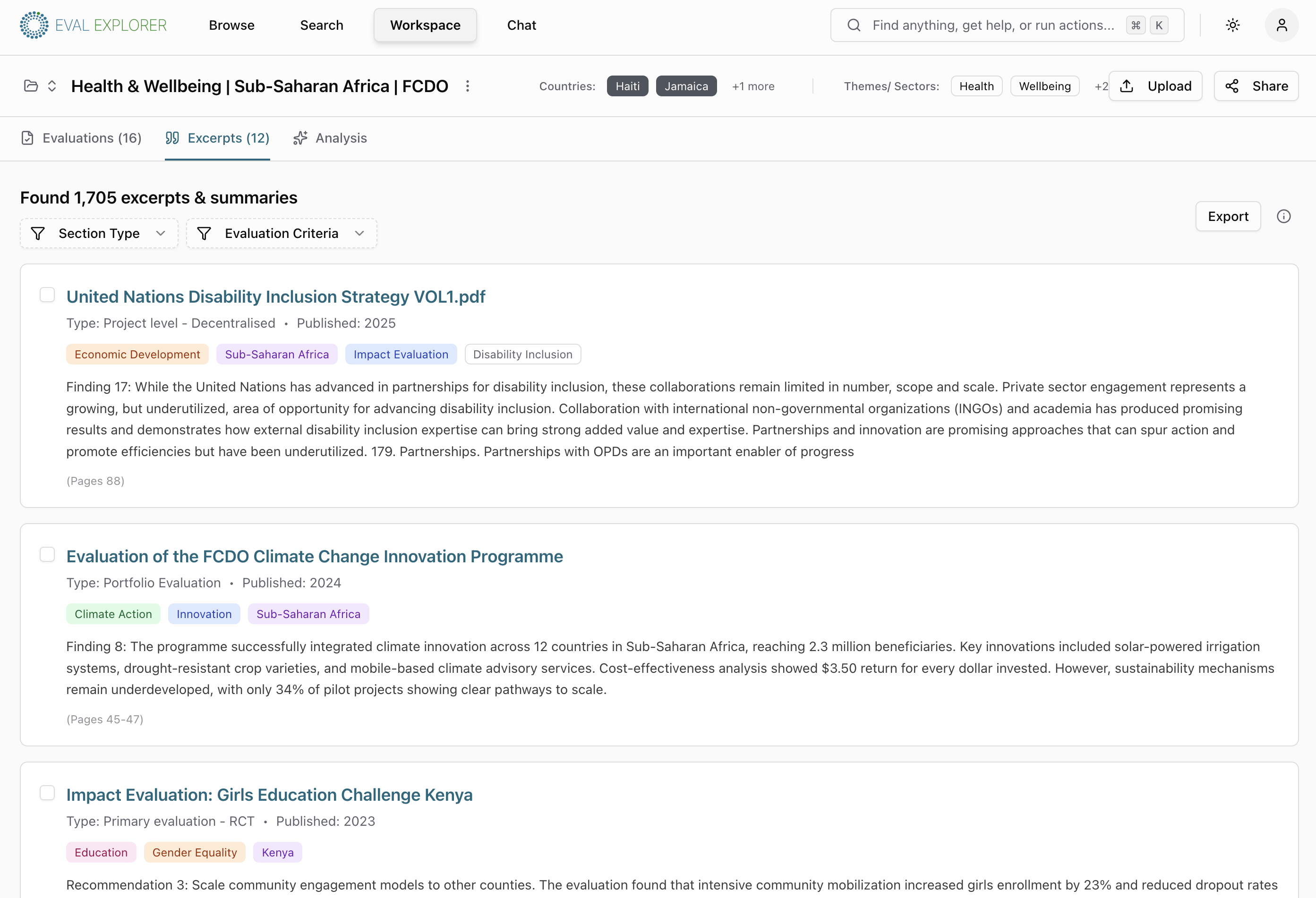 EvalExplorer workspace showing extracted excerpts with source documents, taxonomy tags and page references